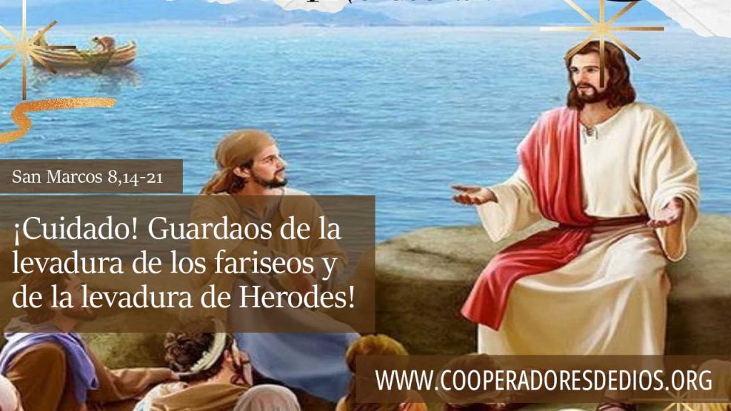 Jesús en la barca enseñando a los discípulos evangelio de la levadura.
