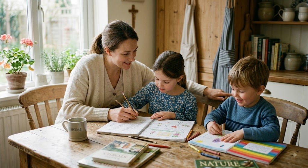 Familia realizando actividades de aprendizaje en casa